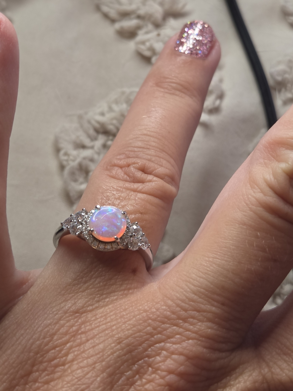 925 Sterling Silver Opal Halo Ring in White and Iridescent Size 7